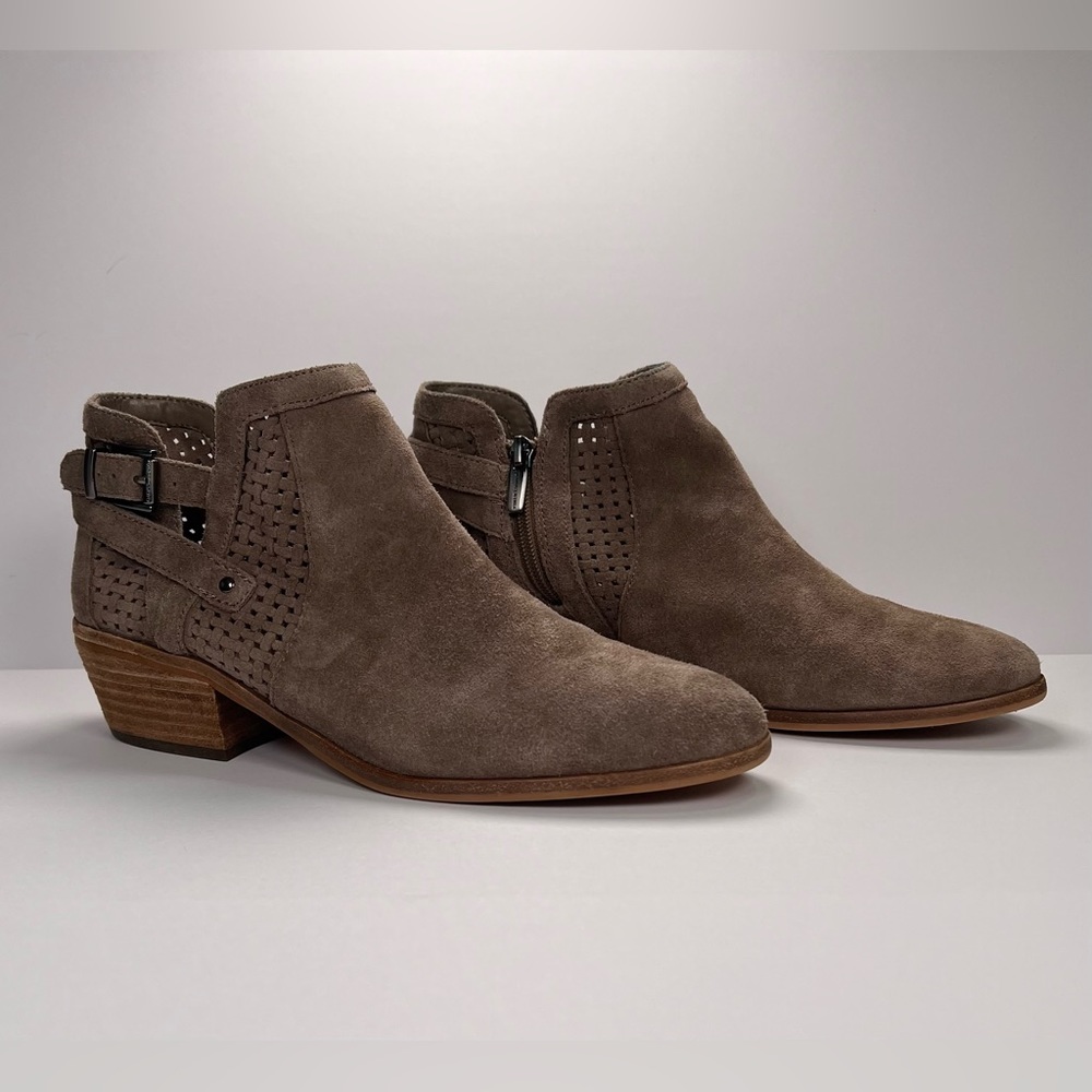 Vince Camuto Pamma Side Zip Suede Bootie w/ Buckle Detail - tan, size 10
